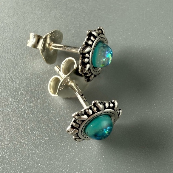 Sterling Silver Opal Studs - Classic Hypoallergenic Earrings - Picture 6 of 7